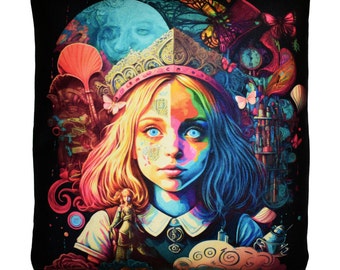 Pode incluir: Uma almofada colorida com um retrato surreal de uma menina com uma coroa, cercada por imagens caprichosas. O rosto da menina está dividido ao meio, com um lado com cores brilhantes e o outro lado com tons azul escuro e roxo.