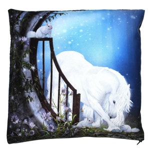 May include: A white horse with a long flowing mane stands in front of a stone archway with a wooden gate. The horse is looking down at three small white squirrels. The background is a blue sky with white stars.