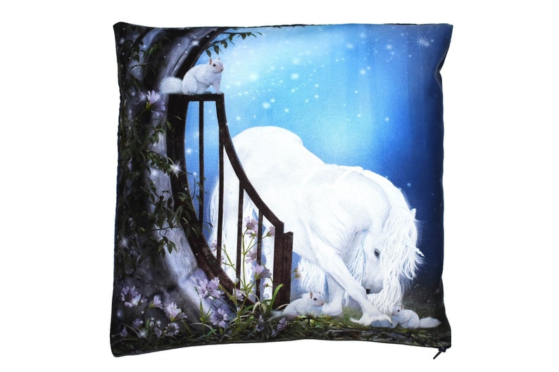 May include: A white horse with a long flowing mane stands in front of a stone archway with a wooden gate. The horse is looking down at three small white squirrels. The background is a blue sky with white stars.