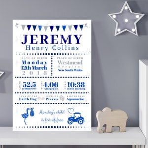 Tractor Birth Details Print Design | Customised Milestone Poster Board | Personalised Birth Announcement | Nursery art | Newborn Baby gift