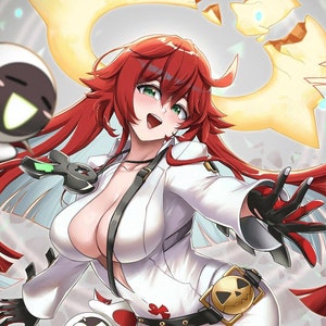May include: A woman with long red hair wearing a white jumpsuit with a black belt and a skull-shaped buckle. She is surrounded by small, round, cartoonish characters with green eyes and black bodies.