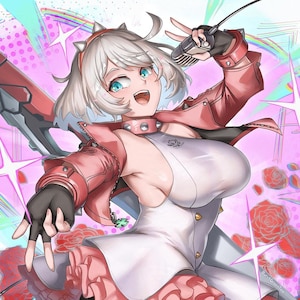 Könnte beinhalten: Anime-Illustration eines Charakters in einem weißen Kleid und einer rosa Jacke, der ein Mikrofon hält. Der Charakter hat kurze weiße Haare, blaue Augen und lächelt. Der Hintergrund zeigt Rosen und einen Regenbogen.