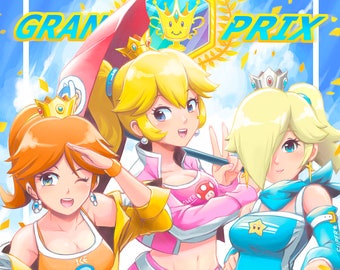 May include: Three female cartoon characters in colorful outfits stand in front of a blue sky with white clouds. The characters are wearing racing outfits with the words "Power Up", "Super Star", and "Flower" on their outfits. The characters are holding umbrellas and a trophy with a crown on top. The text "Grand Prix" is written at the top of the image.