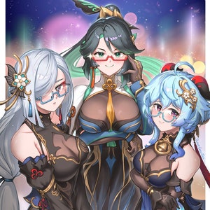 May include: Digital illustration of three anime-style women wearing glasses and elaborate outfits. The women are in a colorful, fantasy-themed setting. The outfits are black and blue with gold accents.