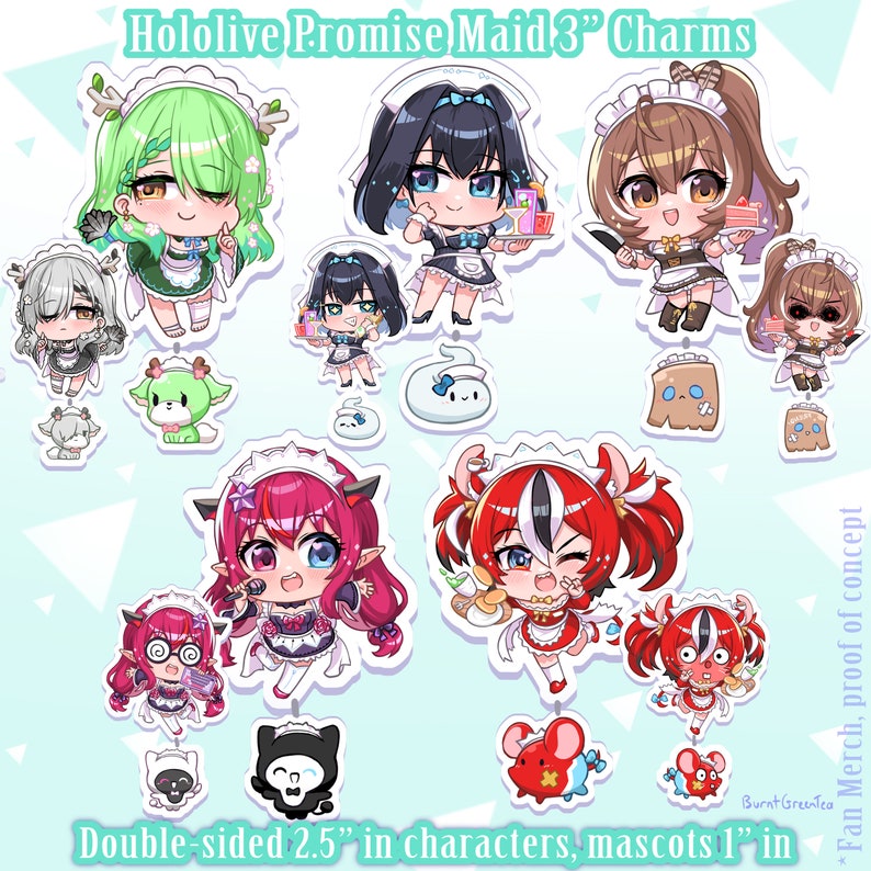 May include: A collection of Hololive Promise Maid 3" charms. The image features several anime-style characters and mascots in maid outfits. The double-sided characters are 2.5 inches, and the mascots are 1 inch. The color palette includes green, black, brown, red, and white.