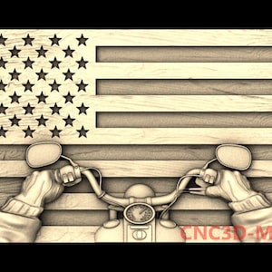 May include: A wooden carving of a motorcycle riding through an American flag. The motorcycle is in the foreground and the flag is in the background. The carving is detailed and realistic.