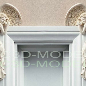 May include: Two white angel figurines with wings, each holding a hand to their cheek, are positioned on either side of a white frame. The angels are sculpted in a realistic style and have a serene expression.