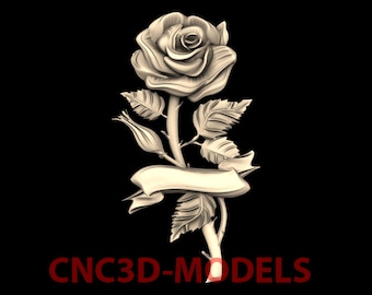 Könnte beinhalten: Ein 3D-Modell einer Rose mit einem Banner. Die Rose ist realistisch mit detaillierten Blütenblättern und Blättern geschnitzt. Das Banner ist leer und kann mit Text angepasst werden.