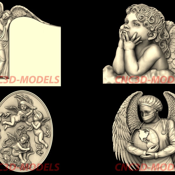 4 Pcs 3D STL Model for cnc files Router Engraver Carving Machine Relief Artcam Aspire Vcarve Carveco cut3d baby Angel Wings Love Map N218