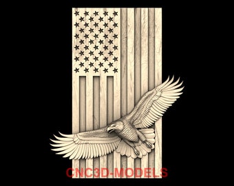 American USA Flag Eagle 3D STL Model, CNC Router Old Wood Texture Carving M566