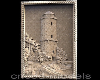 May include: A detailed wood carving of a stone tower with a wooden door and windows, surrounded by trees and a stone path leading up to the tower. The carving is framed in a decorative frame.