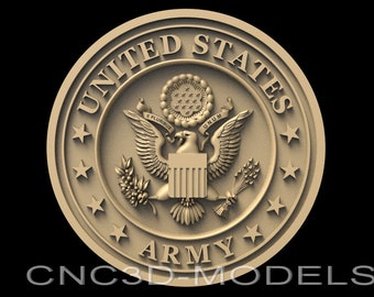 Puede incluir: Un sello redondo de color dorado con las palabras "United States Army" y un águila calva con un escudo y ramas de olivo.