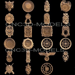 May include: A collection of 20 intricately carved wooden clock faces with various designs, including Roman numerals, gears, and floral motifs. The clocks are all in shades of brown and gold, and some feature ornate frames.