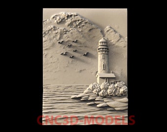 3D STL Model for cnc Router Engraver Carving Machine Relief Artcam Aspire CNC Vcarve Animal Lighthouse Sea Ocean Cloud Birds Panel ZG360