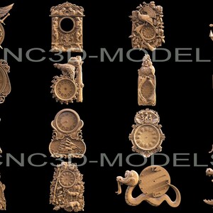 May include: A collection of 16 intricately carved wooden clock faces with various designs, including a bird, a snake, a crocodile, and a ship's wheel. The clocks are all made of a light brown wood and have a rustic, antique look.