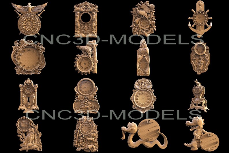 May include: A collection of 16 intricately carved wooden clock faces with various designs, including a bird, a snake, a crocodile, and a ship's wheel. The clocks are all made of a light brown wood and have a rustic, antique look.