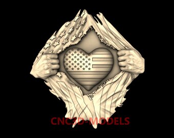 American Flag Heart 3D STL Model for CNC Router Wood, Engraver, Artcam M164