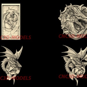 4 Pcs 3D STL Model for CNC files Router Engraver Carving Machine Relief Artcam Aspire Vcarve carveco Angry Animal Head Dragon Rose Skull N32