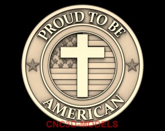 May include: A round, gold-coloured plaque with the words "Proud to be American" surrounding a white cross on a red, white and blue American flag.