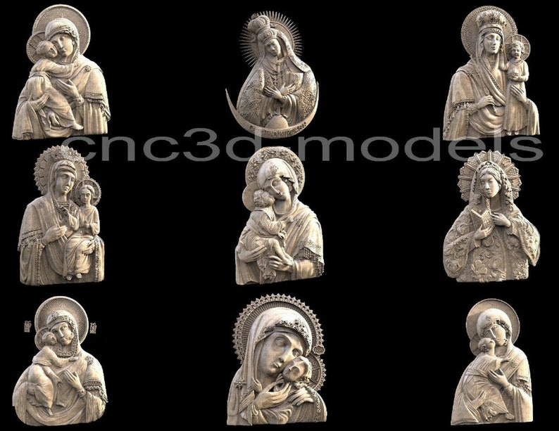 Puede incluir: Un conjunto de nueve tallas de madera que representan a la Virgen Mar&iacute;a y al ni&ntilde;o Jes&uacute;s. Las tallas son de estilo tradicional y presentan detalles intrincados.