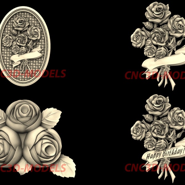 4 Pcs 3D STL Model CNC files Router Engraver Carving Machine Relief Artcam Aspire Decor Vcarve carveco collection Rose Flower Beautiful N195