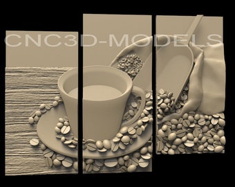 Coffee Cup 3D STL Model for CNC Router, Wood Carving (3-Piece Set) D2