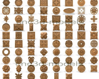 May include: A collection of 64 intricate wooden carvings, featuring a variety of floral, geometric, and abstract designs. The carvings are all in a warm brown color and have a smooth, polished finish.