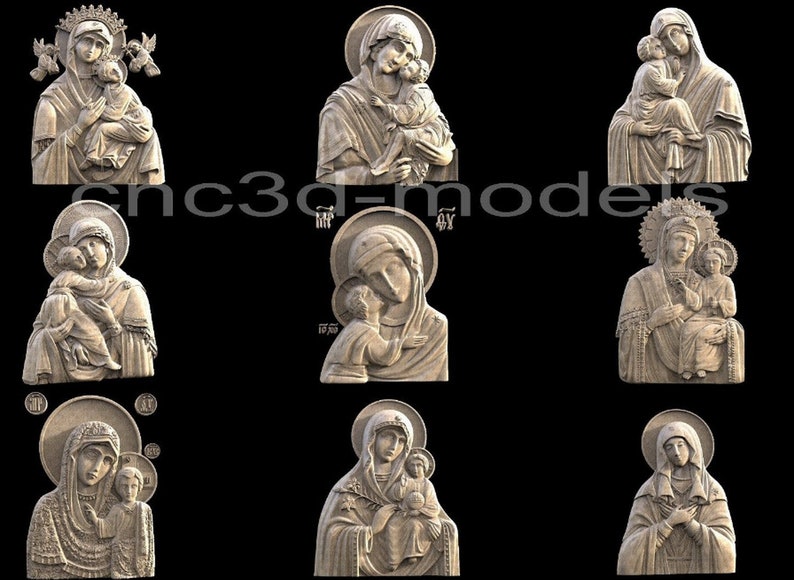 Puede incluir: Un conjunto de nueve tallas de madera que representan a la Virgen Mar&iacute;a y al ni&ntilde;o Jes&uacute;s. Las tallas son de estilo tradicional y presentan detalles intrincados.