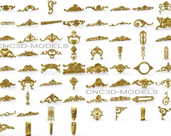 May include: A collection of 50 ornate, gold-colored, decorative, 3D-printed, CNC-machined, scrollwork designs. The designs are intricate and detailed, and would be perfect for adding a touch of elegance to any project.