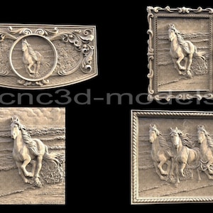Coleção de animais de 4 peças de CAVALOS, modelo 3D STL para roteador CNC, gravador, máquina de escultura, relevo, Artcam Aspire, arquivos CNC 290