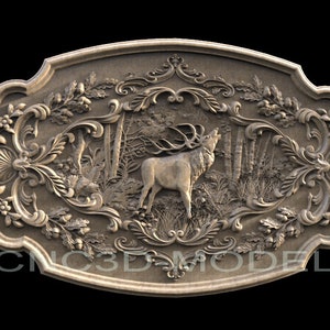 May include: A detailed, ornate, oval-shaped, wooden wall plaque with a carved image of a stag in a forest setting. The plaque has a raised, intricate border with floral and leaf motifs.