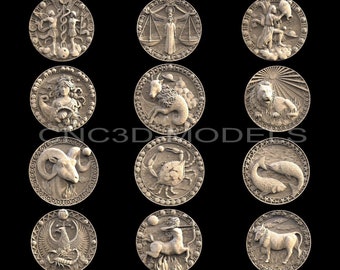 May include: Twelve circular zodiac signs with ornate borders and raised relief carvings of the astrological symbols. The signs are arranged in three rows of four, with a black background.