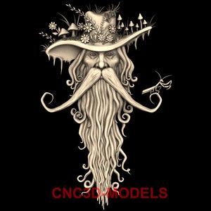 May include: A 3D relief carving of a whimsical figure with a long beard and a hat adorned with flowers and mushrooms. The figure has a mischievous expression and is holding a small insect in its hand.