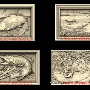4 Pcs 3D STL Model for CNC files Router Wood Engraver Carving Machine Relief Artcam Aspire vcarve carveco FISHING fish Animal collection N92