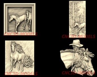 Pferd 3D STL Modell, CNC Fräser Carving (4 Stück) (Digitaler Download) N73