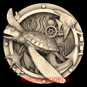 May include: A detailed, circular relief sculpture featuring a sea turtle, starfish, anchor, fish, and ship's wheel. The design includes coral and the text "CNC3D MODELS" in red. The overall theme is nautical.