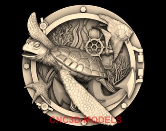 Turtle Sea Decor Relief 3D STL Model for CNC Router wood Carving machine IS833
