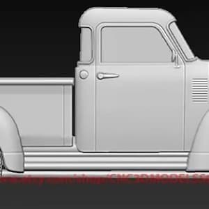 May include: A white, vintage pickup truck with a long bed. The truck has a single cab and a chrome bumper. The truck is in a side view.