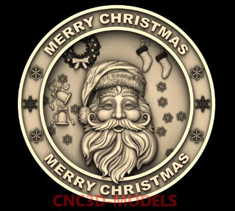 May include: A round, cream-colored ornament with a raised, 3D design of Santa Claus, a wreath, and snowflakes. The ornament has the text "Merry Christmas" written twice around the edge.