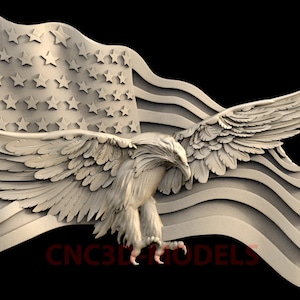 May include: A 3D carved wooden sculpture of an American bald eagle with its wings spread wide, perched on a waving American flag. The eagle's head is turned to the side, and its talons are gripping the flag.