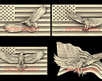 May include: Four different wood carvings of an American bald eagle with its wings spread, perched on top of an American flag. The flag is carved in a wood grain pattern. The eagle is carved in a realistic style.