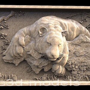 May include: A detailed wood carving of a tiger resting on a rock with flowers and foliage in the background.