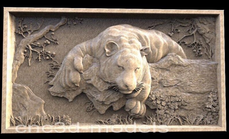May include: A detailed wood carving of a tiger resting on a rock with flowers and foliage in the background.