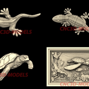 May include: A set of four 3D-printed animal models, including a lizard, a gecko, a turtle, and a sea turtle. The models are detailed and realistic, with intricate textures and features. The models are perfect for use in a variety of projects, such as home decor, crafts, and educational displays.