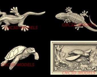 Sea Turtle Lizard 3D STL Model, CNC Router Carving Files (4 Pcs) N37