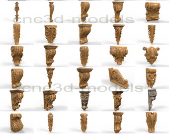 May include: A collection of 36 intricately carved wooden corbels and brackets in various styles and sizes. The corbels are made of a light brown wood and feature intricate details, such as scrolls, leaves, and flowers.