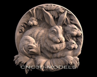May include: A detailed, carved wooden sculpture of a mother rabbit with two baby rabbits nestled beside her. The sculpture is set against a background of carved leaves and flowers.