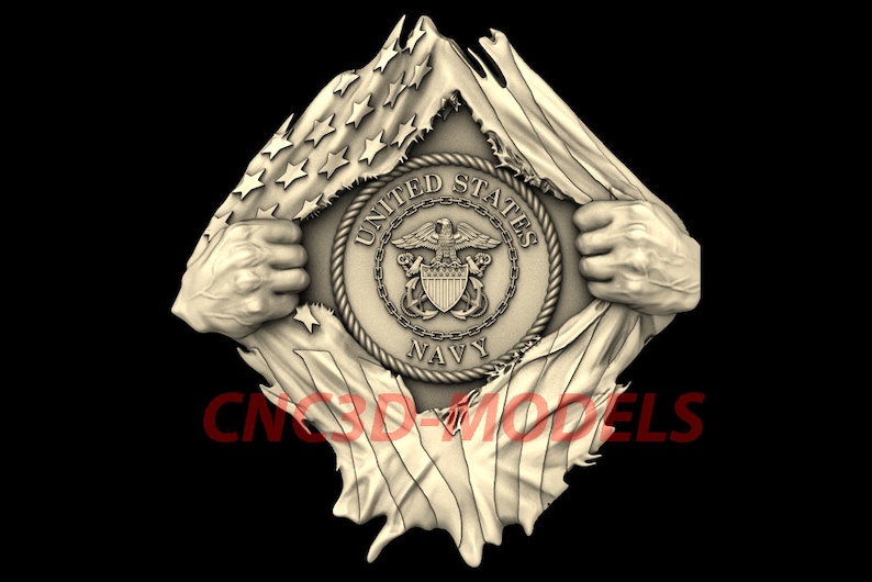 K&ouml;nnte beinhalten: Eine 3D-Reliefschnitzerei des Siegels der US Navy mit einem Adler und einem Anker, innerhalb einer zerrissenen amerikanischen Flagge.