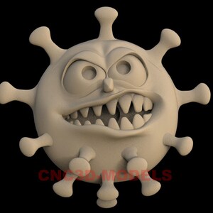 May include: A 3D printed model of a cartoon virus with a menacing expression. The virus is light brown and has a large, toothy grin. The model is designed to be printed and used as a decorative object.