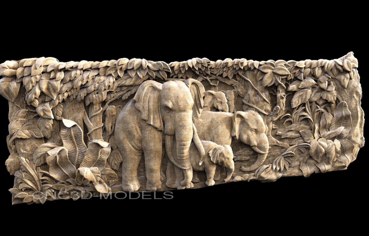 Elephant Family 3D STL Model, CNC Router Wood Carving 1183